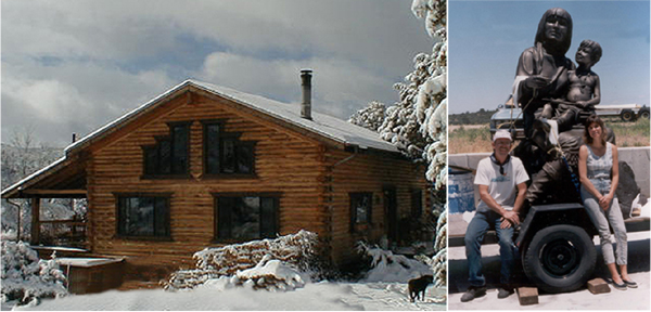 The artist's log cabin in snow and the artist with foundry-owner and twice life-size bronze